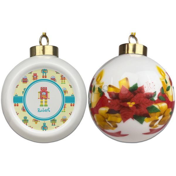 Robot Ceramic Christmas Ornament - Poinsettias (APPROVAL)