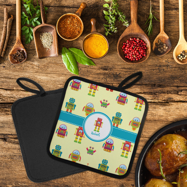 Robot Neoprene Pot Holder - Set of 2  LIFESTYLE (Flatlay)