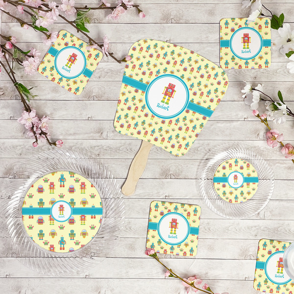 Robot Party Supplies Combination Image - All items - Plates, Coasters, Fans