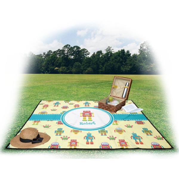 Robot Picnic Blanket - with Basket Hat and Book - in Use