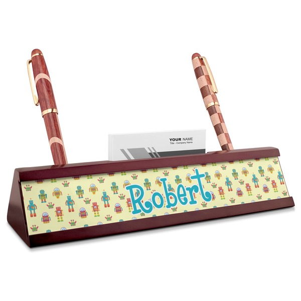 Custom Robot Red Mahogany Nameplate with Business Card Holder (Personalized)