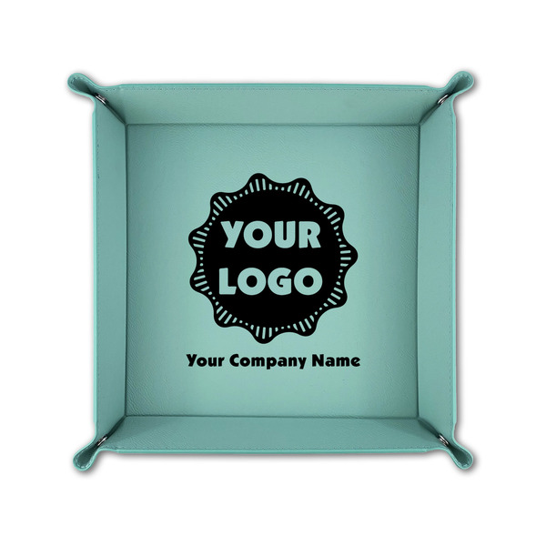 Logo & Company Name 6" x 6" Teal Leatherette Snap Up Tray - FOLDED UP