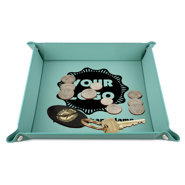 Logo & Company Name 9" x 9" Teal Leatherette Snap Up Tray - STYLED