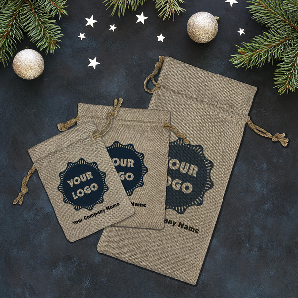 Logo & Company Name Burlap Gift Bags - LIFESTYLE (Flat lay)