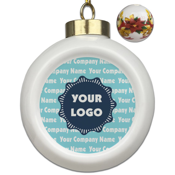 Custom Logo & Company Name Ceramic Ball Ornaments - Poinsettia Garland