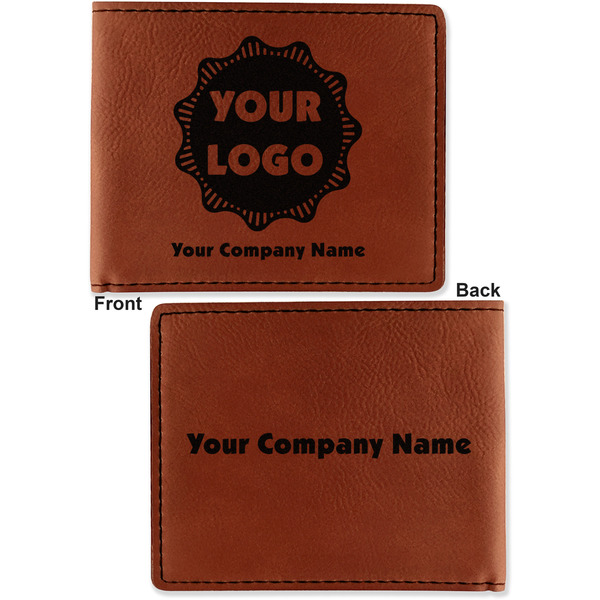 Logo & Company Name Cognac Leatherette Bifold Wallets - Front and Back
