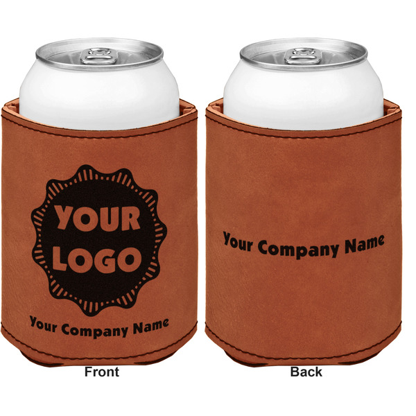 Logo & Company Name Cognac Leatherette Can Sleeve - Double Sided Front and Back