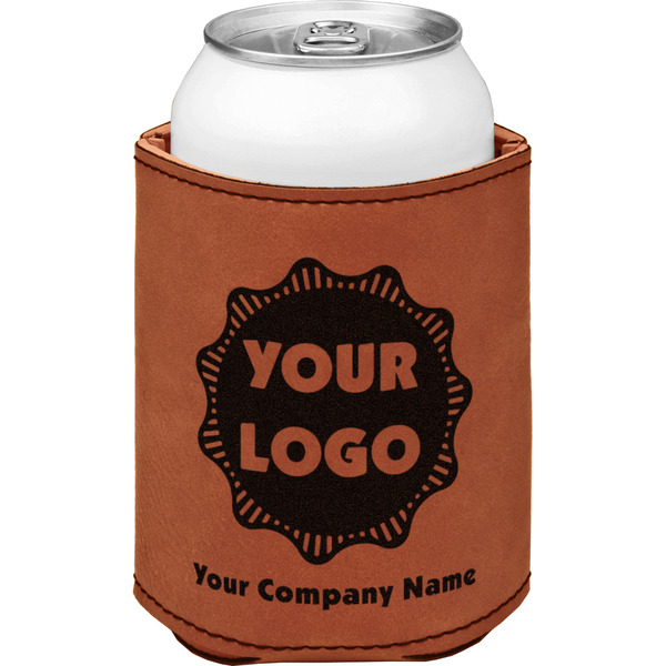 Logo & Company Name Cognac Leatherette Can Sleeve - Single Front