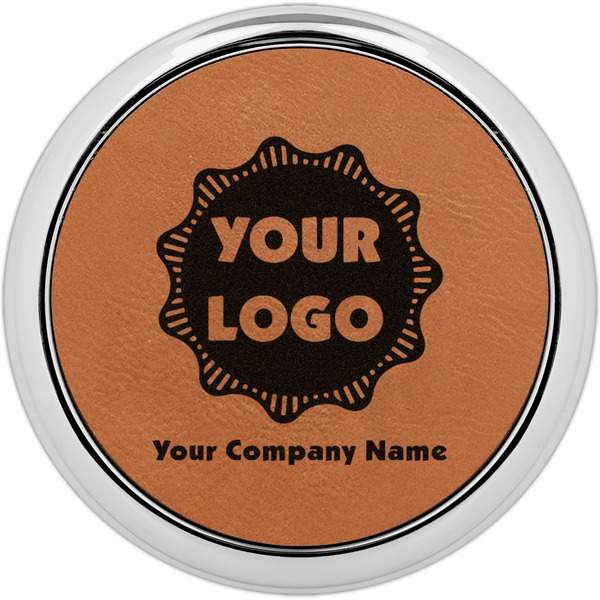 Custom Logo & Company Name Leatherette Round Coaster w/ Silver Edge