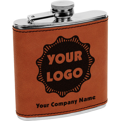 Logo & Company Name Leatherette Wrapped Stainless Steel Flask (Personalized)