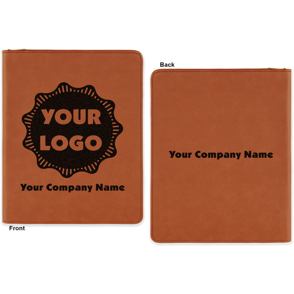 Logo & Company Name Cognac Leatherette Zipper Portfolios with Notepad - Double Sided - Apvl