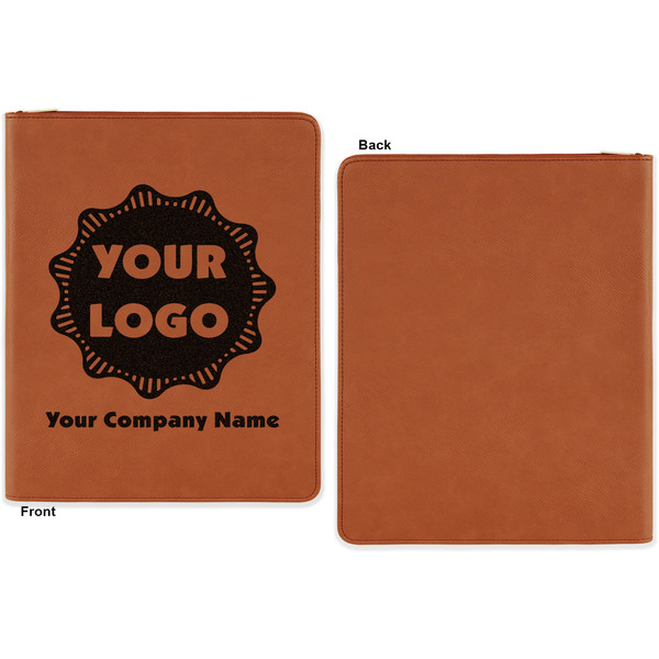 Logo & Company Name Cognac Leatherette Zipper Portfolios with Notepad - Single Sided - Apvl