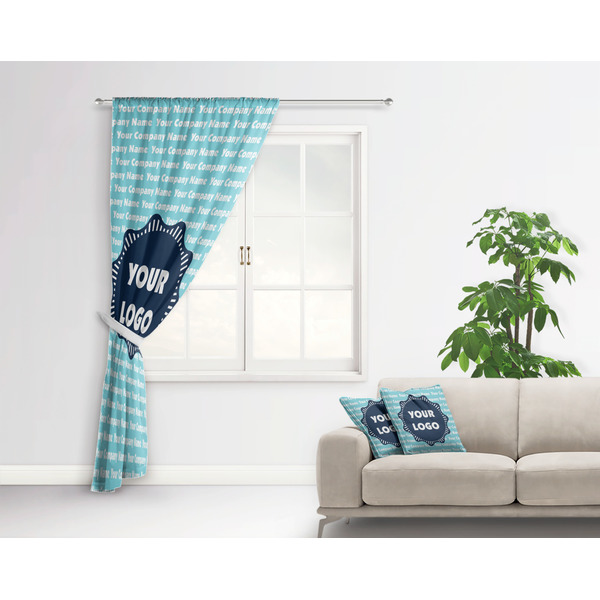 Logo & Company Name Curtain With Window and Rod - in Room Matching Pillow