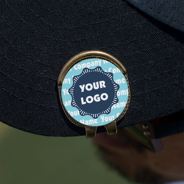 Logo & Company Name Golf Ball Marker Hat Clip - Gold - On Hat
