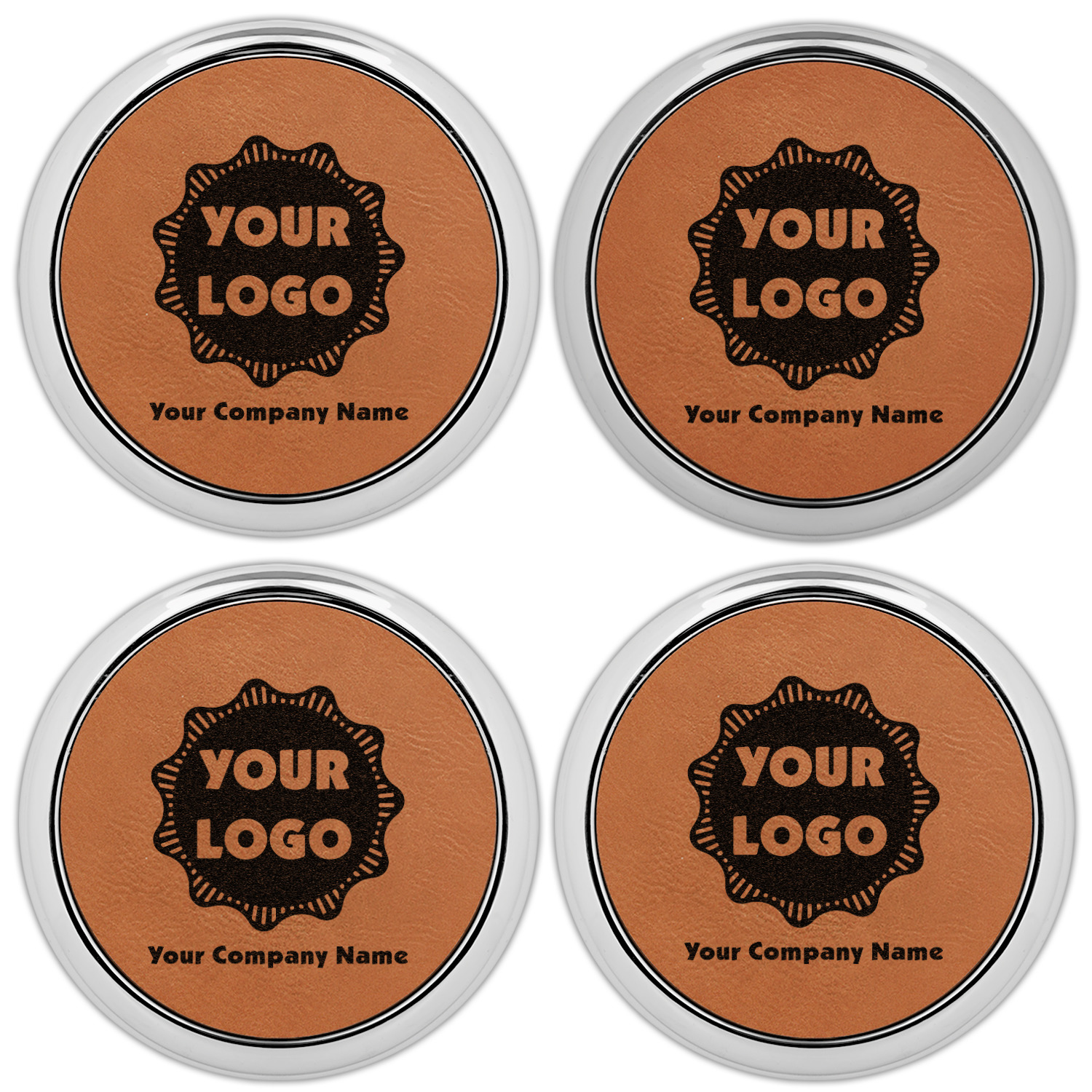 Custom Logo & Company Name Leatherette Round Coaster w/ Silver Edge