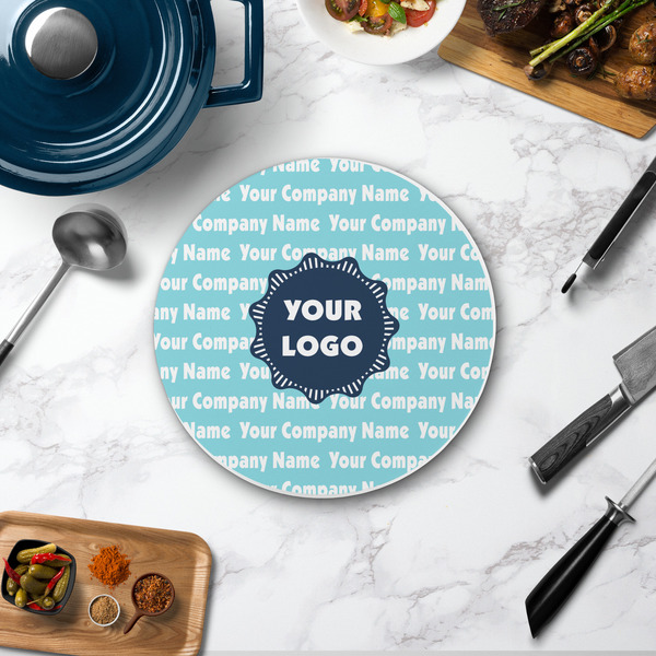 Logo & Company Name Round Stone Trivet - In Context View
