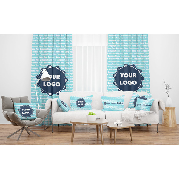 Logo & Company Name Sheer and Custom Curtains in Room with Matching Pillows