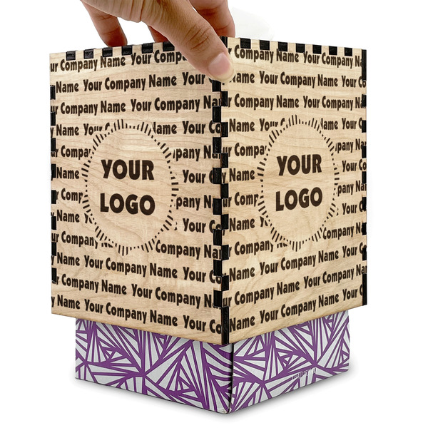 Logo & Company Name Square Tissue Box Covers - Wood - with box