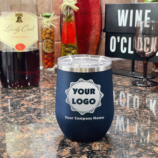 Logo & Company Name Stainless Wine Tumblers - Navy - Double Sided - In Context