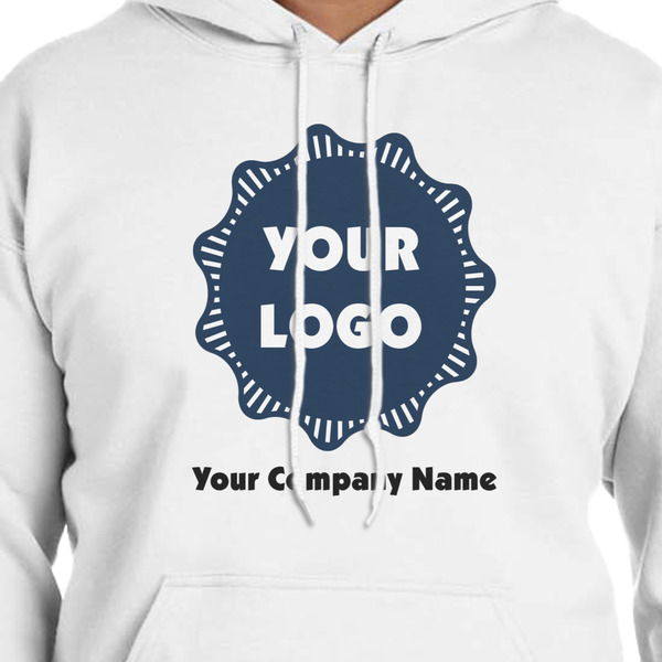Logo & Company Name White Hoodie on Model - CloseUp