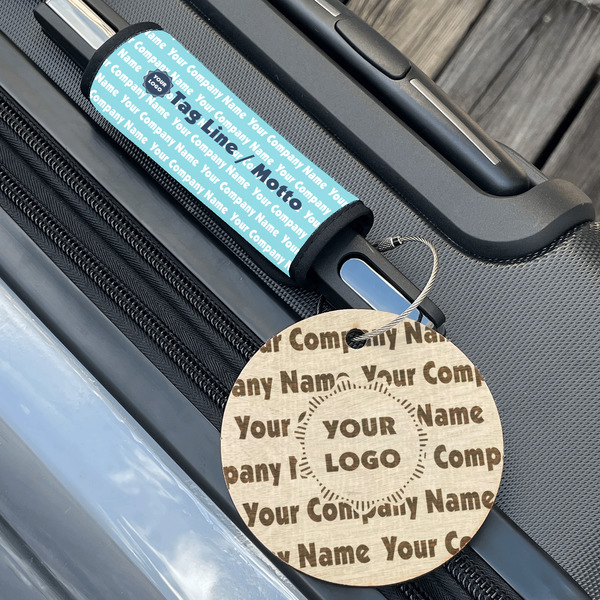 Logo & Company Name Wood Luggage Tags - Round - Lifestyle