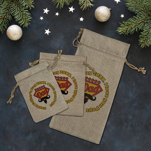 Hipster Dad Burlap Gift Bags - LIFESTYLE (Flat lay)