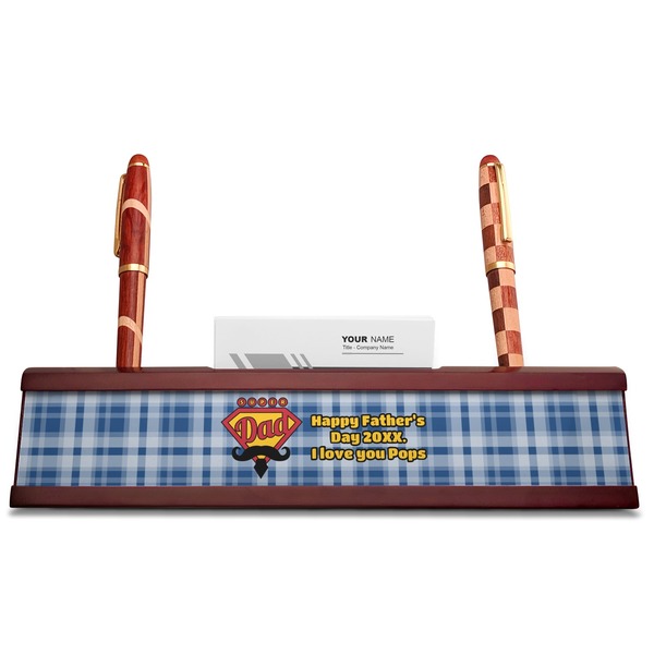 Hipster Dad Red Mahogany Nameplates with Business Card Holder - Straight