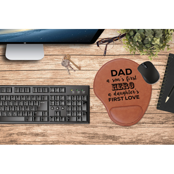 My Father My Hero Cognac Leatherette Mousepad with Wrist Support - Lifestyle Image