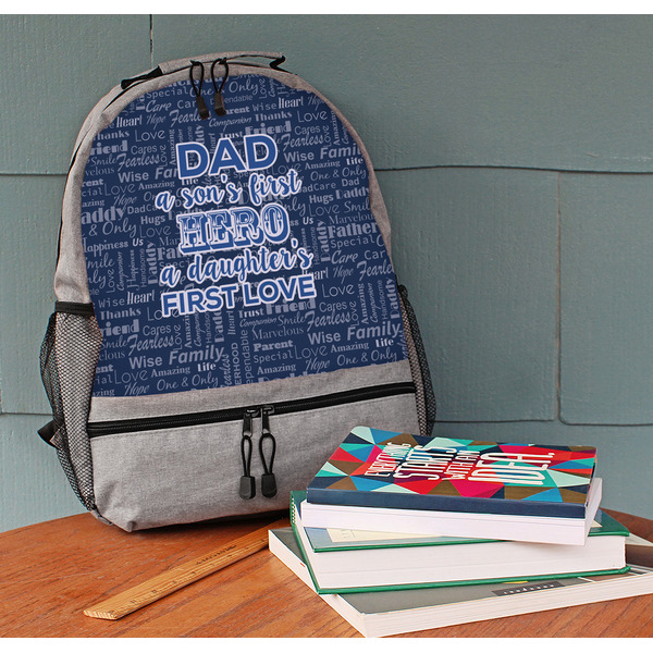 My Father My Hero Large Backpack - Gray - On Desk