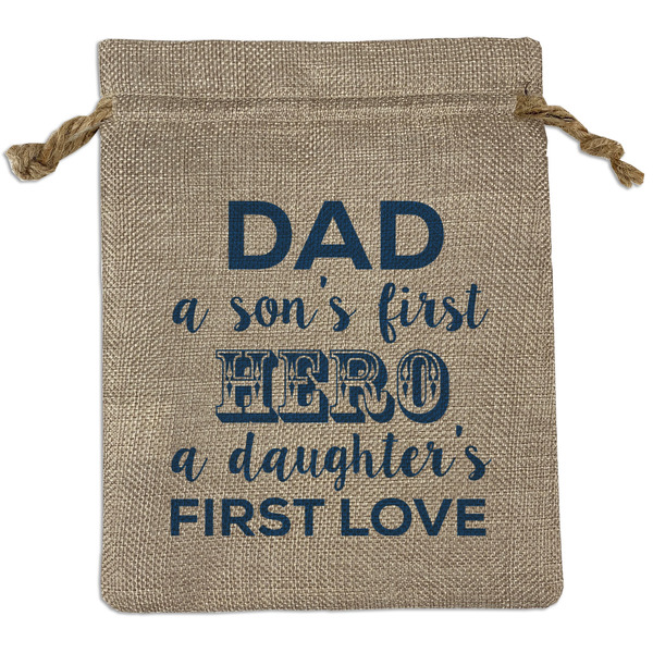 Custom My Father My Hero Medium Burlap Gift Bag - Front