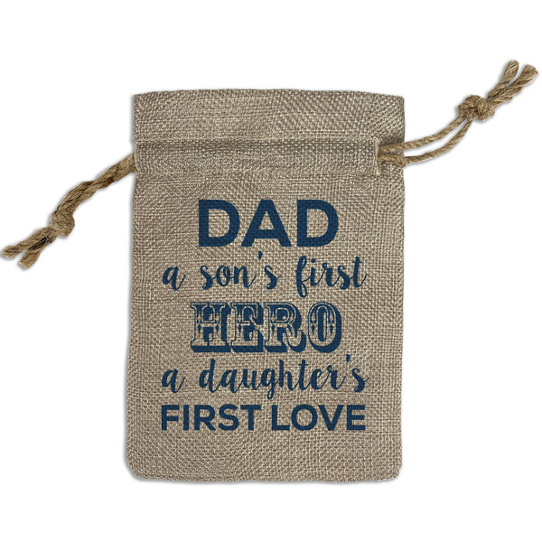 Custom My Father My Hero Small Burlap Gift Bag - Front