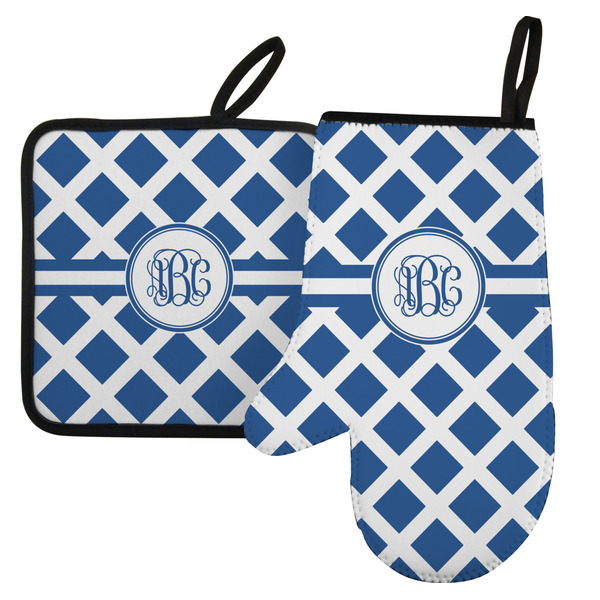 Custom Diamond Left Oven Mitt & Pot Holder Set w/ Monogram