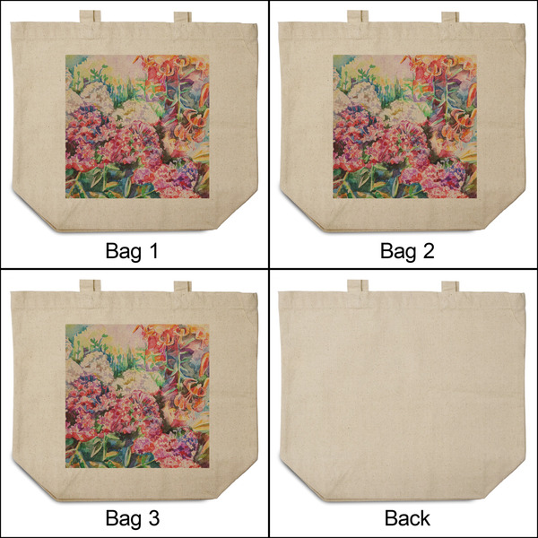 Watercolor Floral 3 Reusable Cotton Grocery Bags - Front & Back View
