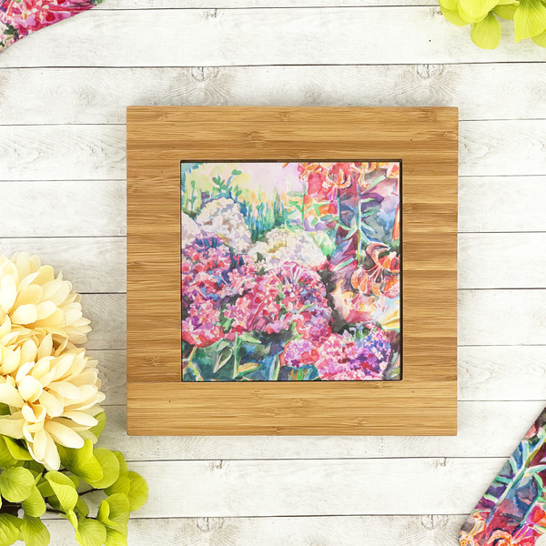 Watercolor Floral Bamboo Trivet with 6" Tile - LIFESTYLE