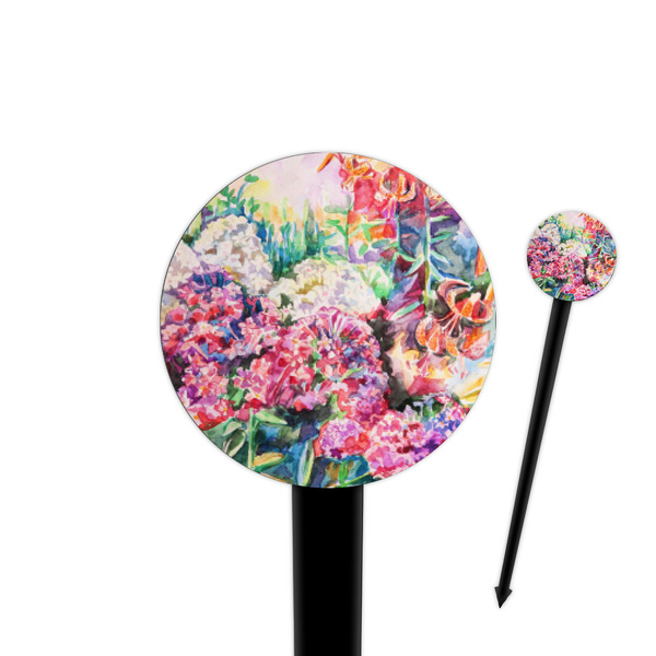 Custom Watercolor Floral 4" Round Plastic Food Picks - Black - Single Sided