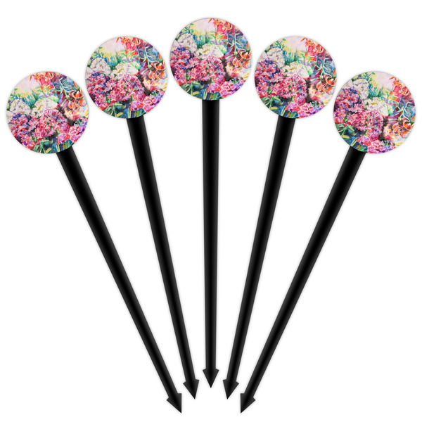 Watercolor Floral Black Plastic 4" Food Pick - Round - Fan View