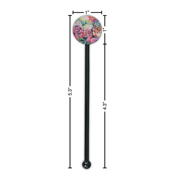 Watercolor Floral Black Plastic 5.5" Stir Stick - Round - Dimensions