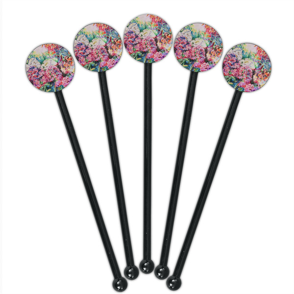 Watercolor Floral Black Plastic 5.5" Stir Stick - Round - Fan View