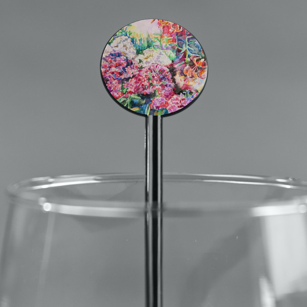 Watercolor Floral Black Plastic 5.5" Stir Stick - Round - Main
