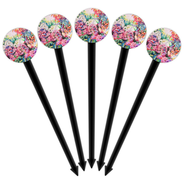 Watercolor Floral Black Plastic 6" Food Pick - Round - Fan View