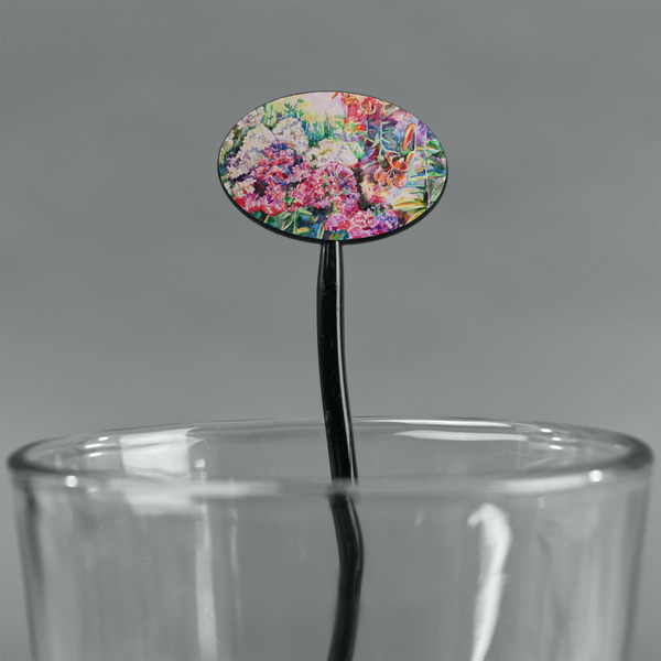 Watercolor Floral Black Plastic 7" Stir Stick - Oval - Main