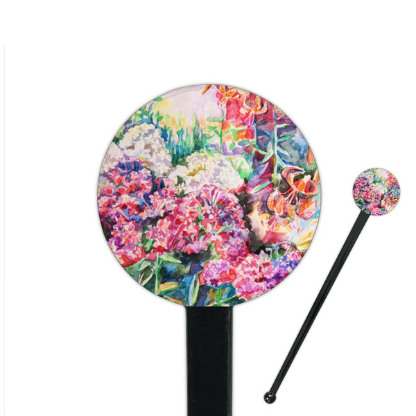 Custom Watercolor Floral 7" Round Plastic Stir Sticks - Black - Single Sided