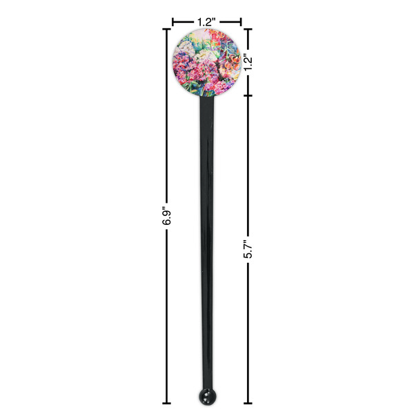 Watercolor Floral Black Plastic 7" Stir Stick - Round - Dimensions