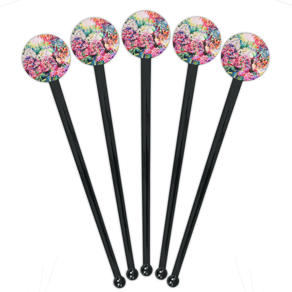 Watercolor Floral Black Plastic 7" Stir Stick - Round - Fan View