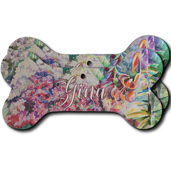 Custom Watercolor Floral Ceramic Dog Ornament - Front & Back