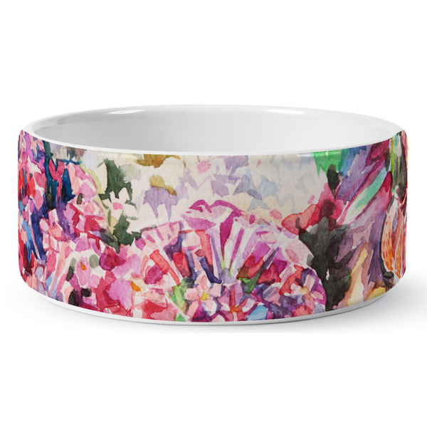 Custom Watercolor Floral Ceramic Dog Bowl - Medium