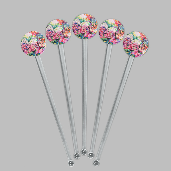Watercolor Floral Clear Plastic 7" Stir Stick - Round - Fan View