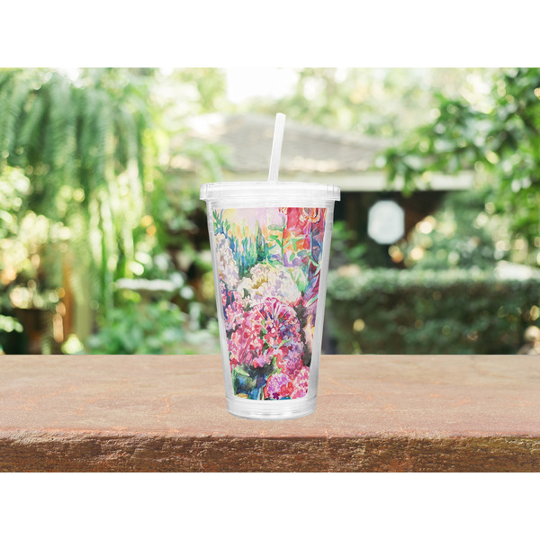 Watercolor Floral Double Wall Tumbler with Straw Lifestyle