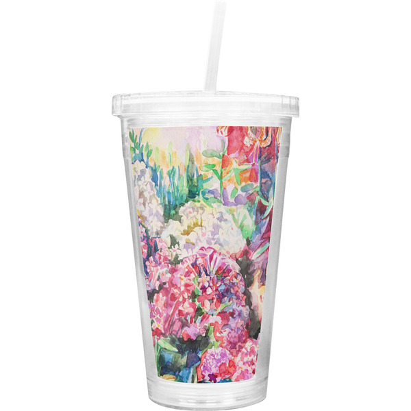 Custom Watercolor Floral Double Wall Tumbler with Straw