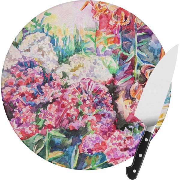 Custom Watercolor Floral Round Glass Cutting Board - Medium